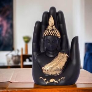 Golden Handcrafted Palm Buddha Polyresin Showpiece | Decorative Statue for Home & Office Decor