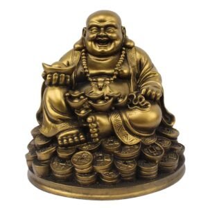 Resin Fengshui Laughing Buddha Sitting on Luck Money Coins with Golden Ingot for Good Luck & Happiness (5 Inches, Gold, 1 Piece)