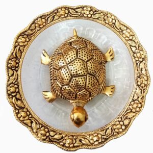 Metal Feng Shui Golden Tortoise on Glass Plate for Luck, Prosperity, and Vastu Correction